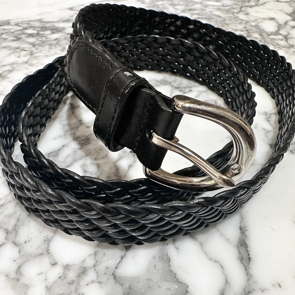 VTG Coach Braided Minimal Classic Leather Woven Belt Women L Black 8927
